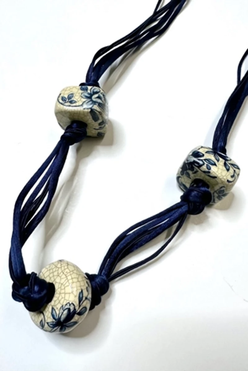 1070s Blue Cord Necklace with Painted Ceramic Beads Selected by Cherry