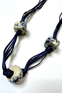 1070s Blue Cord Necklace with Painted Ceramic Beads Selected by Cherry