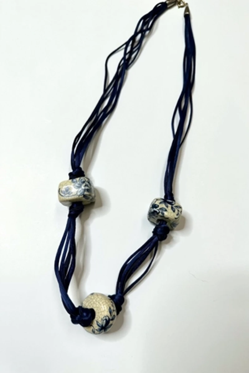 1070s Blue Cord Necklace with Painted Ceramic Beads Selected by Cherry