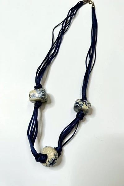 1070s Blue Cord Necklace with Painted Ceramic Beads Selected by Cherry