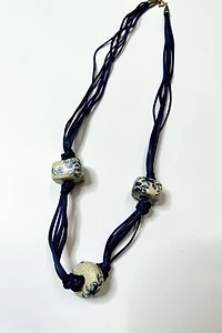 1070s Blue Cord Necklace with Painted Ceramic Beads Selected by Cherry