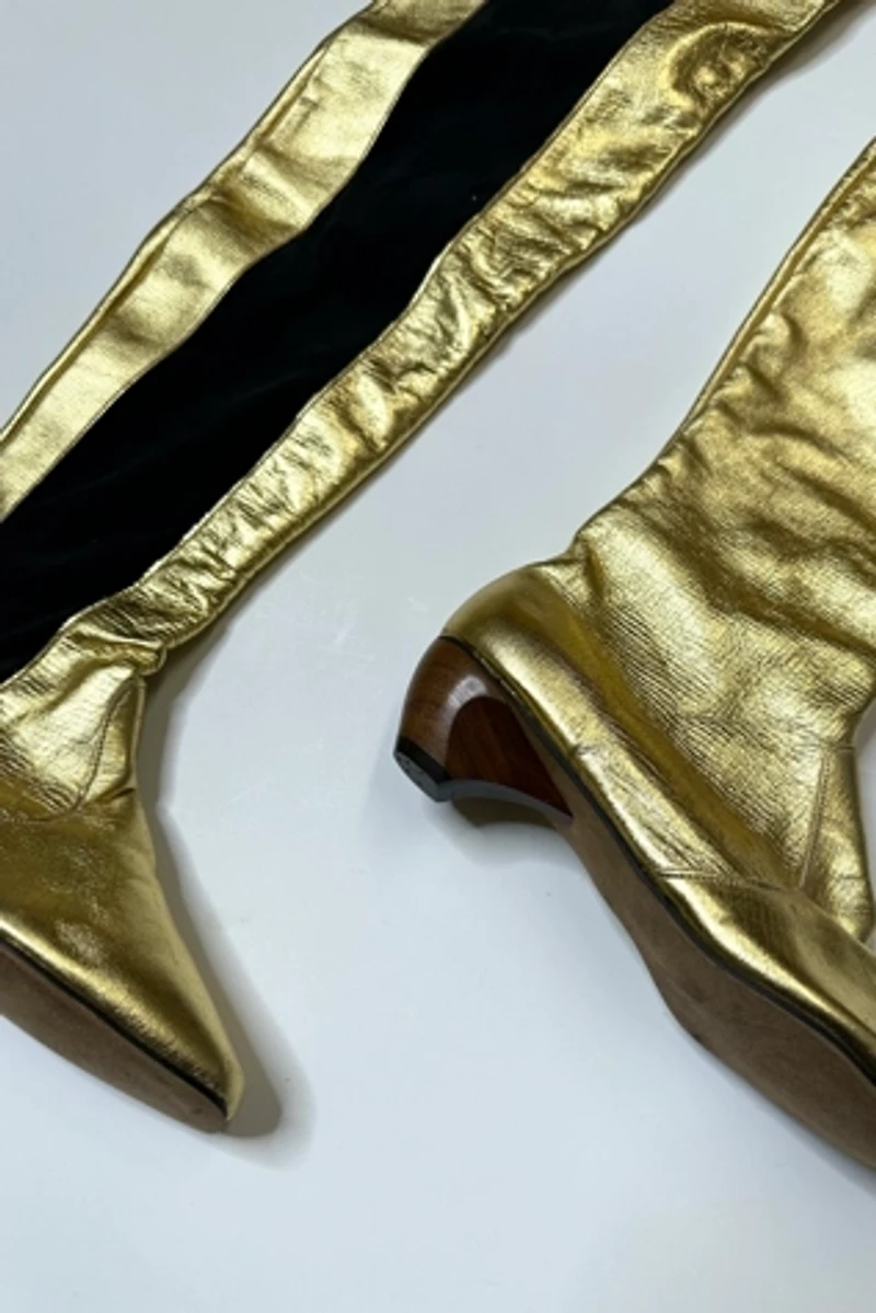 Deadstock 1960s Gold Leather Thigh High Boots Selected by Cherry
