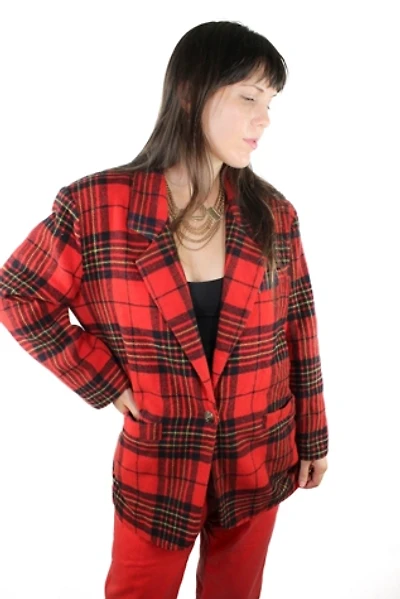 1980s Red Plaid Wool Blazer Jacket Selected By Moons + Junes Vintage