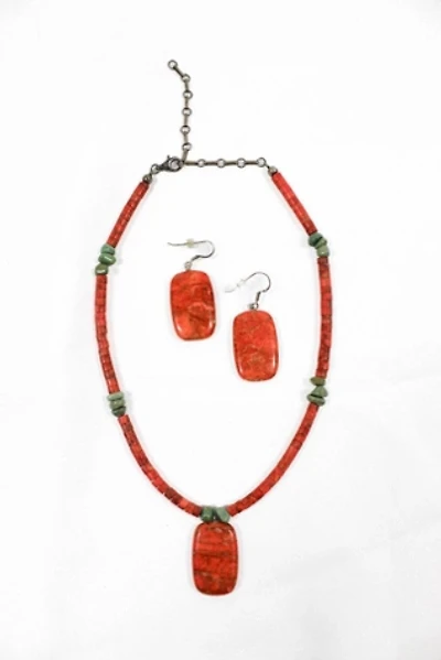 1970s Spiny Oyster + Turquoise Necklace Earring Set Selected By Moons + Junes Vintage