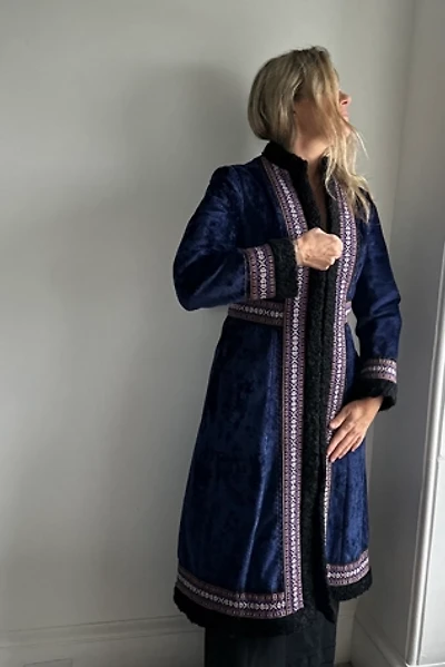 Vintage Blue Velvet Zip Front Jacket with Embroidered Trim and Pockets Selected by KA.TL.AK