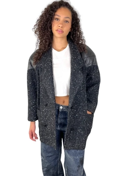 Vintage 1990’s Black Tweed And Leather Coat Selected By Ankh By Racquel Vintage