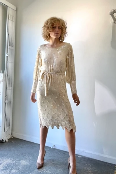Vintage Sistermax Cream Sequin Cocktail Dress with Matching Belt Selected by The Curatorial Dept.