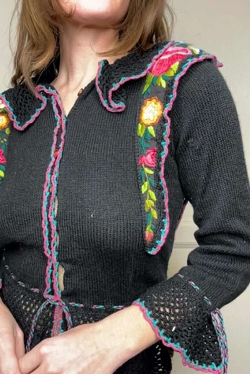 1950s Black Crochet Floral Peplum Cardigan Selected by Cherry