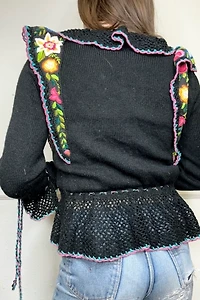 1950s Black Crochet Floral Peplum Cardigan Selected by Cherry