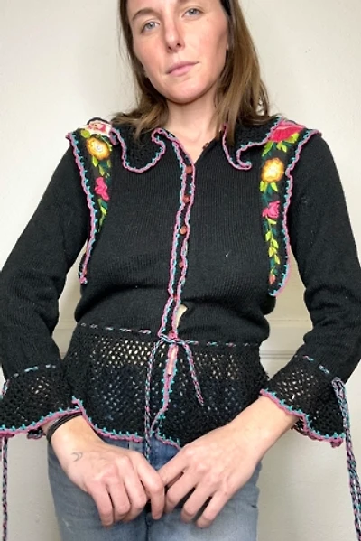 1950s Black Crochet Floral Peplum Cardigan Selected by Cherry