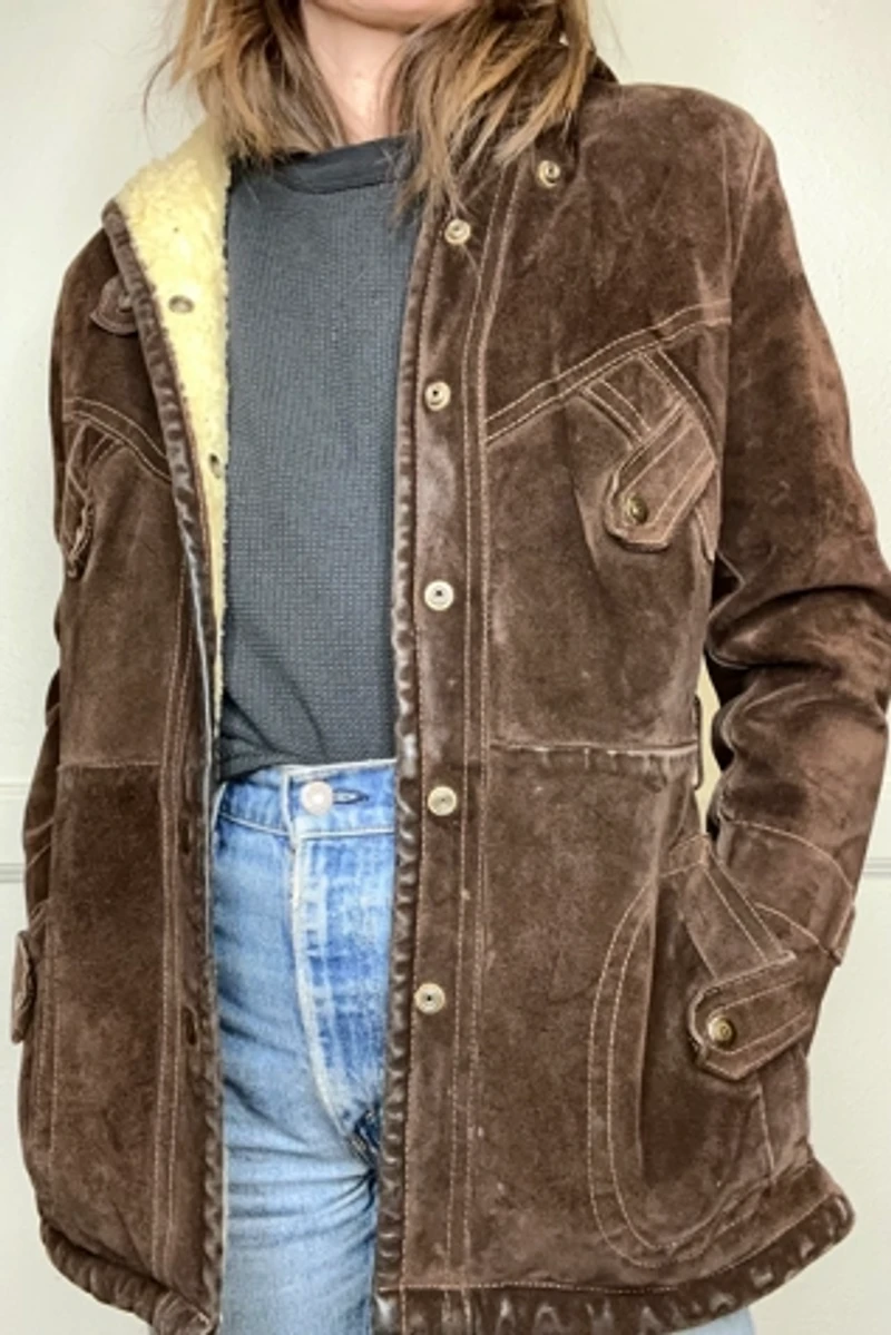 1970s Brown Suede Insulated Hooded Coat Selected by Cherry