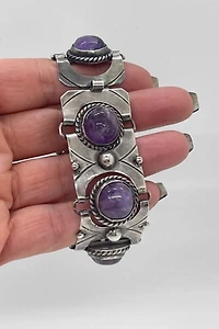 Mid-Century Sterling Silver Amethyst Cabochon Articulating Panel Bracelet Selected by MARMALADE