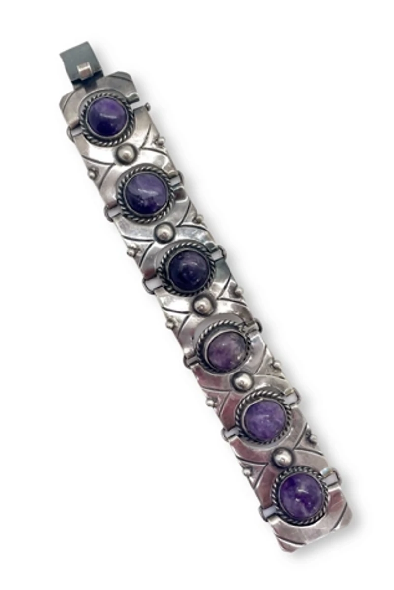 Mid-Century Sterling Silver Amethyst Cabochon Articulating Panel Bracelet Selected by MARMALADE