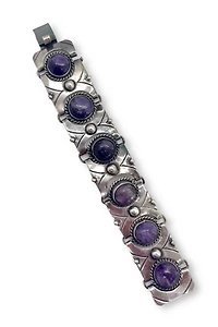 Mid-Century Sterling Silver Amethyst Cabochon Articulating Panel Bracelet Selected by MARMALADE