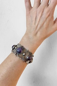 Mid-Century Sterling Silver Amethyst Cabochon Articulating Panel Bracelet Selected by MARMALADE
