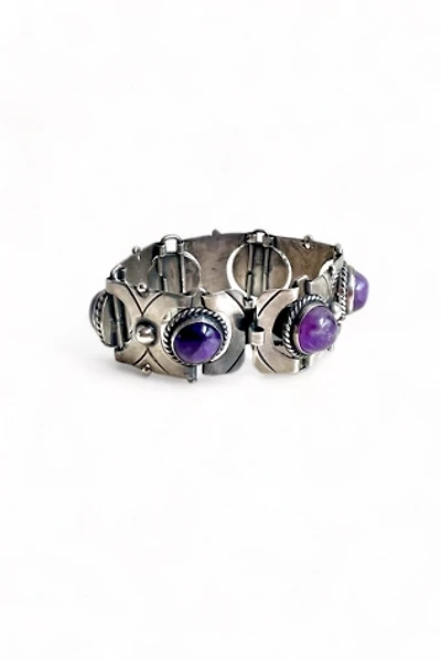 Mid-Century Sterling Silver Amethyst Cabochon Articulating Panel Bracelet Selected by MARMALADE