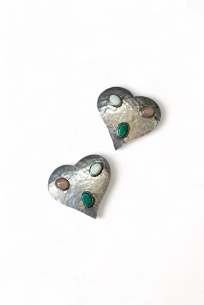 Large Vintage Sterling Silver Heart Cabochon Gemstone Clip Earrings Selected by MARMALADE