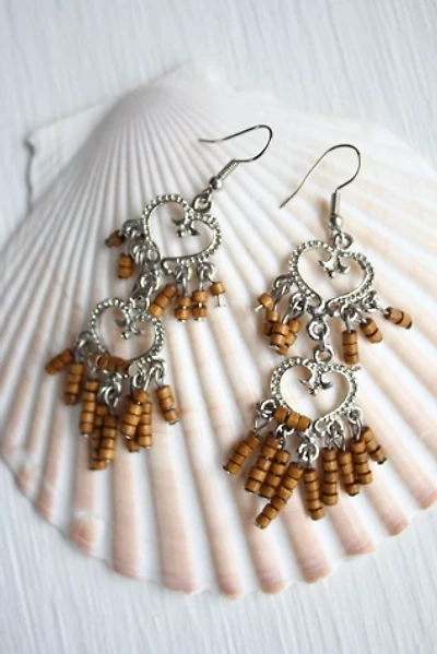 1980s Wooden Beaded Silver Heart Dangle Earrings Selected By Moons + Junes Vintage