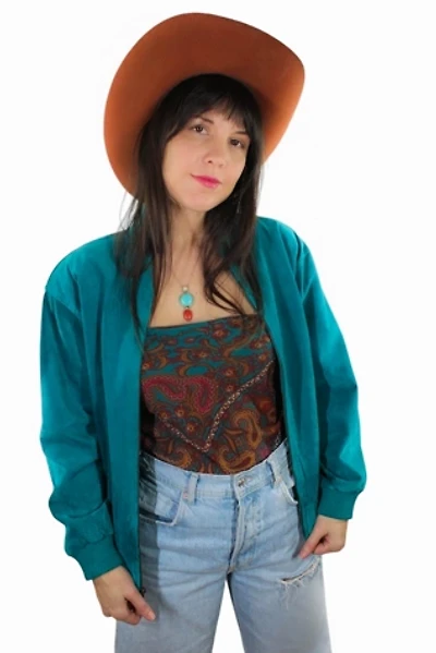 1980s Turquoise Suede Jacket Selected By Moons + Junes Vintage