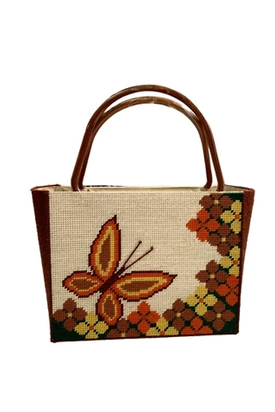 Vintage 1970s Butterfly Needlepoint Tote Bag Selected by SharpLilTeeth