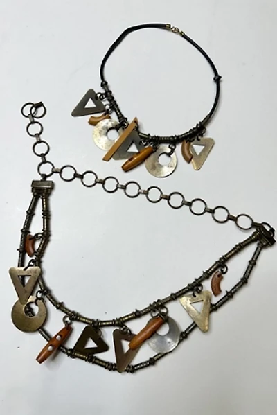 Vintage 1980s Brass and Wood Charm Belt and Necklace Set Selected by Cherry