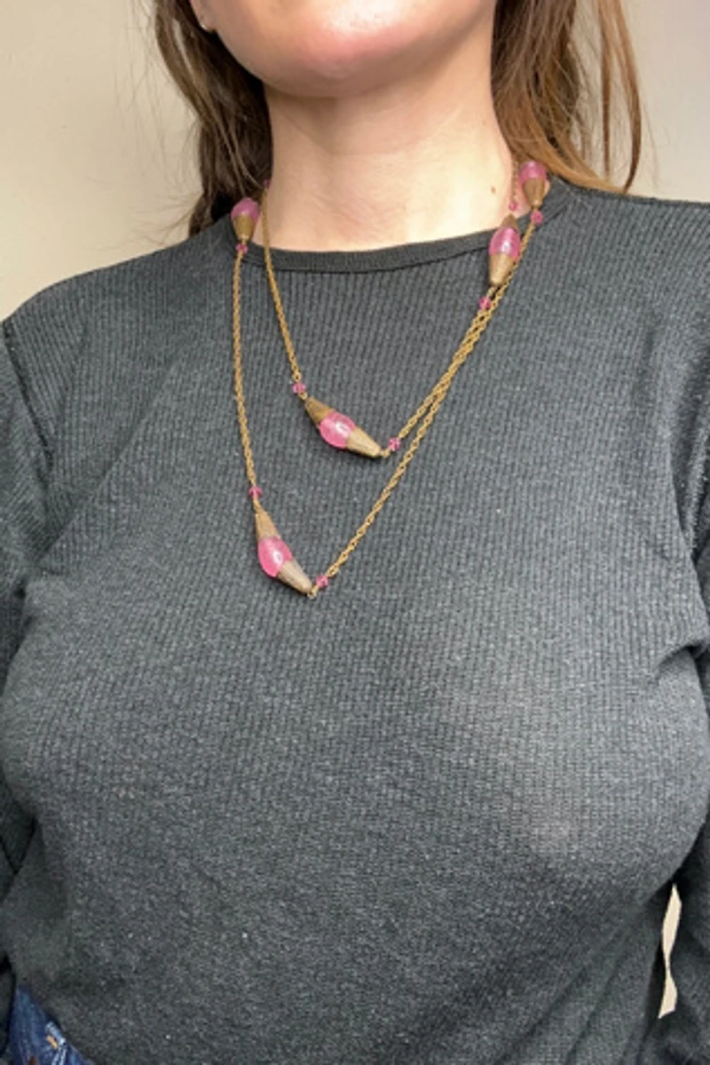 1960s Brass Chain and Pink Glass Bead Necklace Selected by Cherry
