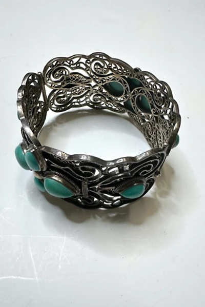 Vintage Southwest Sterling an Turquoise Ornate Cuff Selected by Cherry