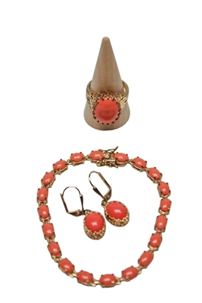 1970s Matching Coral Bracelet Earrings & Ring Set Selected By Moons + Junes Vintage