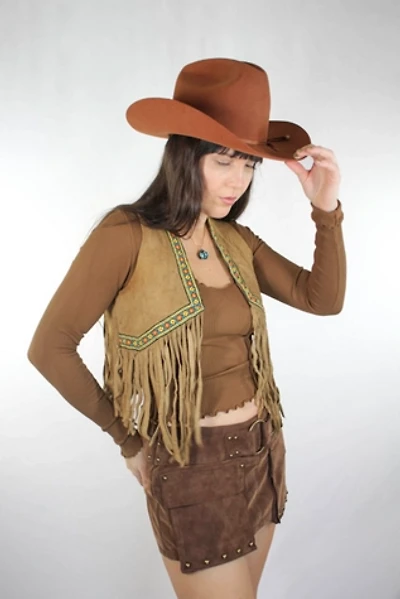 1970s Ms. Pioneer Western Fringe Suede Vest Selected By Moons + Junes Vintage