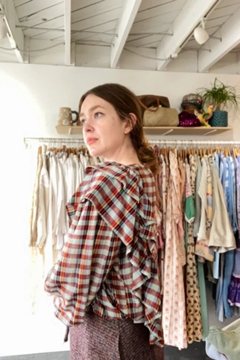 V. De. Vinster Plaid Silk Ruffle Top Selected by The Curatorial Dept.
