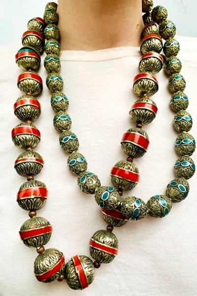 Vintage Ethnic Turquoise & Silver Bead Necklace On String Selected by Nomad Vintage