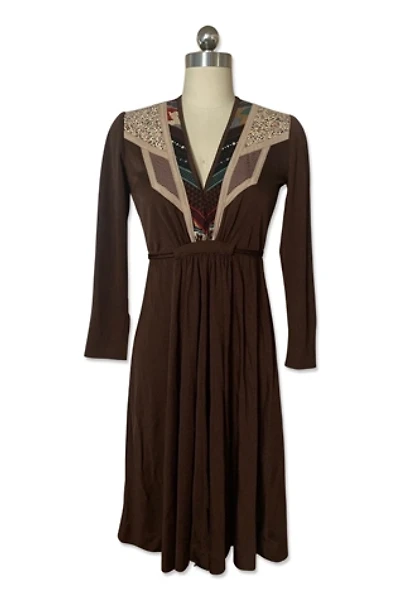 1970s Chocolate Poly Applique Midi Dress Selected By Ritual Vintage