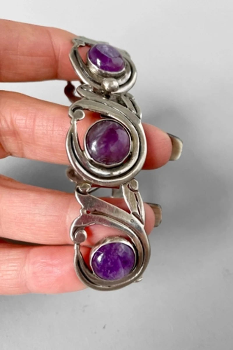 Mid-Century Amethyst Cabochon Sterling Silver Panel Bracelet Selected by MARMALADE