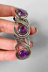 Mid-Century Amethyst Cabochon Sterling Silver Panel Bracelet Selected by MARMALADE
