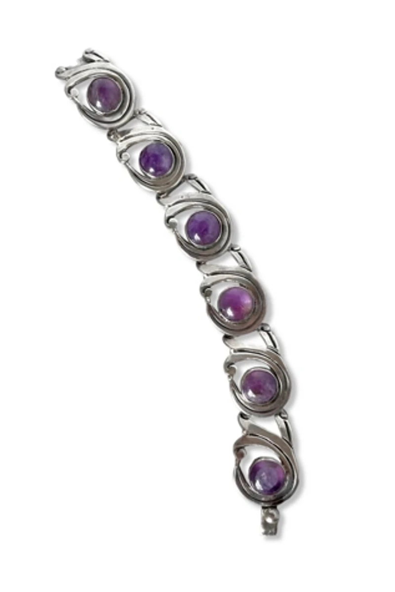 Mid-Century Amethyst Cabochon Sterling Silver Panel Bracelet Selected by MARMALADE