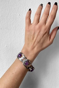 Mid-Century Amethyst Cabochon Sterling Silver Panel Bracelet Selected by MARMALADE