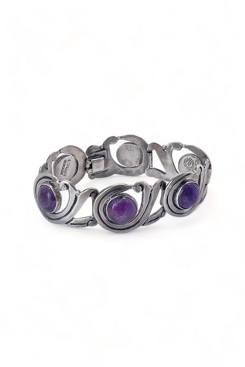 Mid-Century Amethyst Cabochon Sterling Silver Panel Bracelet Selected by MARMALADE