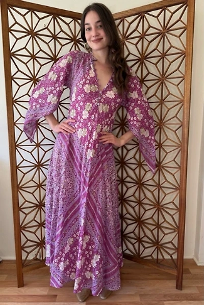 Vintage Bias Cut Block Printed Angel Sleeve Maxi Dress Selected by Picky Jane