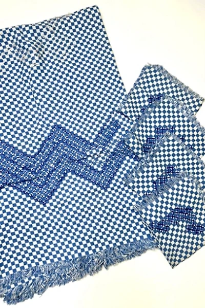 Vintage 1960s Blue Gingham Tablecloth and Napkins Set Selected by Cherry