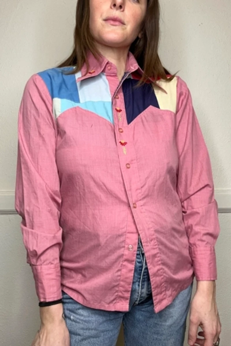 1960s Salmon Patchwork and Embroidered Western Shirt Selected to Cherry