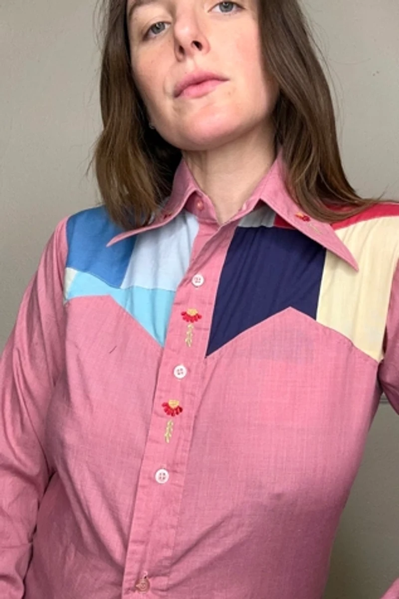 1960s Salmon Patchwork and Embroidered Western Shirt Selected to Cherry