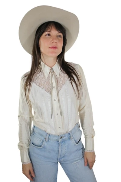 1970s Rare Rockmount Ranch Wear Satin Lace Button Down Selected By Moons + Junes Vintage
