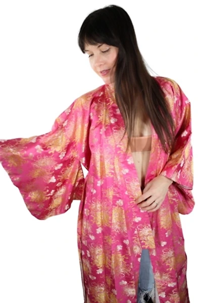 1970s Pink Gold Shimmer Maxi Kimono Robe Selected By Moons + Junes Vintage