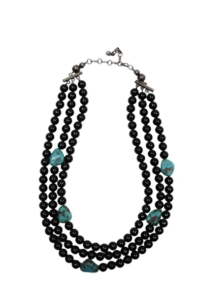 1970s Turquoise Onyx Beaded Tri-Strand Necklace Selected By Moons + Junes Vintage