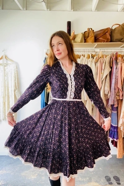 Vintage Dark Purple Floral Prairie Midi Dress Selected by The Curatorial Dept.