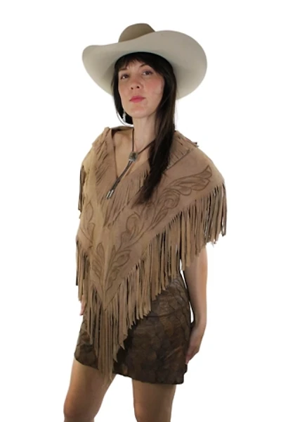 1970s Suede Cowgirl Fringe Poncho Selected By Moons + Junes Vintage