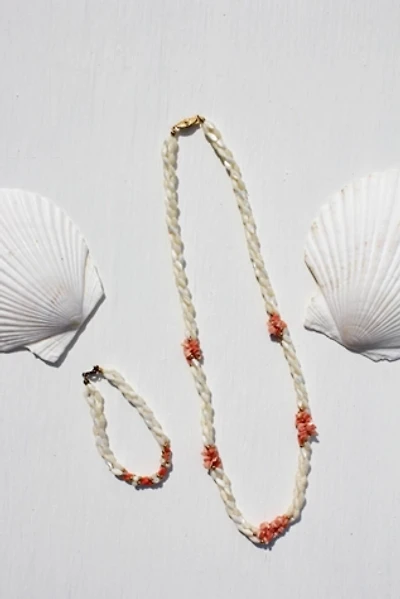 Vintage Mother of Pearl Shell Coral Beaded Necklace + Bracelet Set