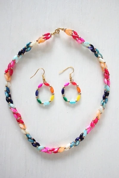 Vintage Rainbow Glass Beaded Necklace & Earring Set Selected By Moons + Junes Vintage