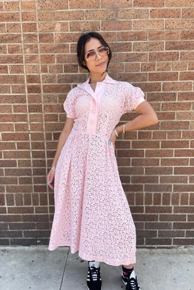 Vintage 1930's Pink Lace Dress with Glass Buttons Selected by FernMercantile