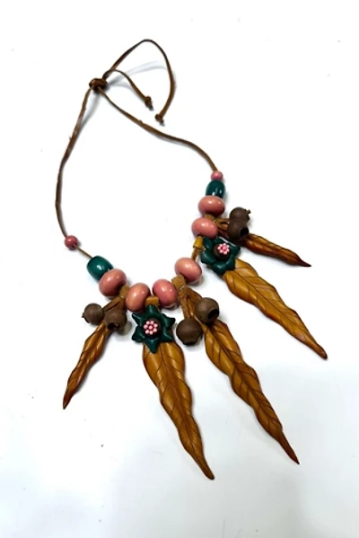 Vintage 1970s Painted Wooden Beads and Leather Leaves Necklace Selected by Cherry